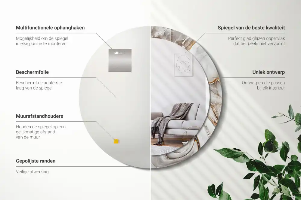 Round mirror frame with print Light marble