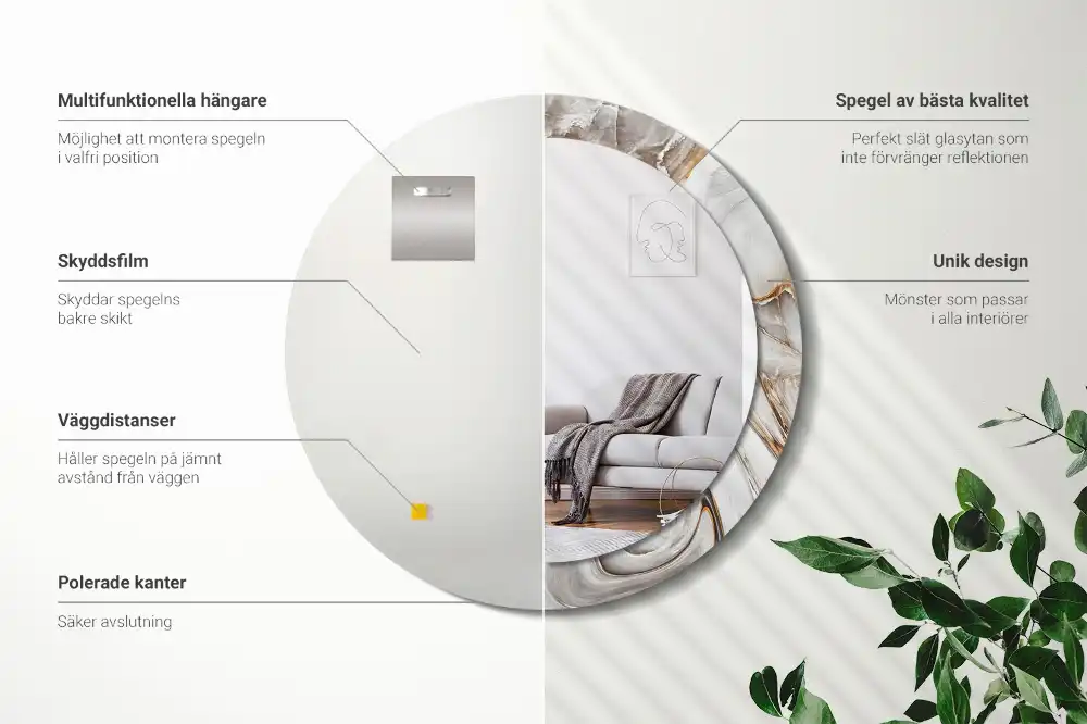 Round mirror frame with print Light marble