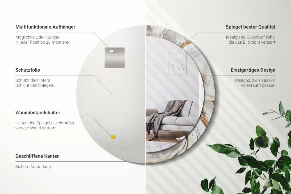 Round mirror frame with print Light marble