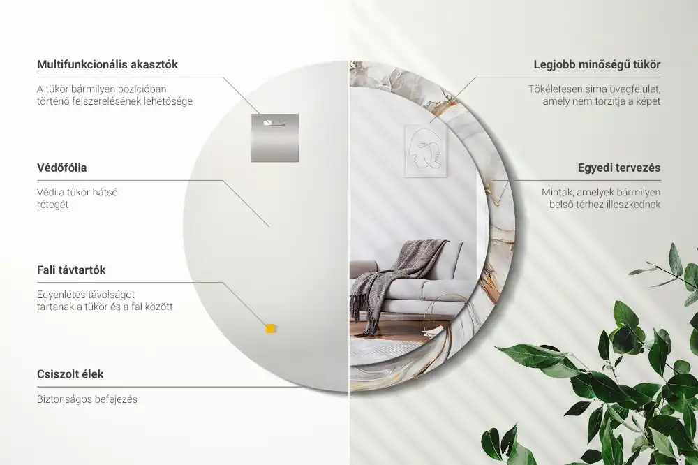 Round mirror frame with print Light marble