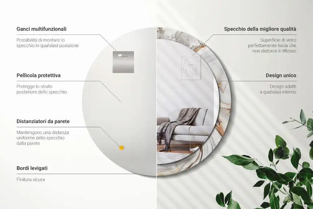 Round mirror frame with print Light marble