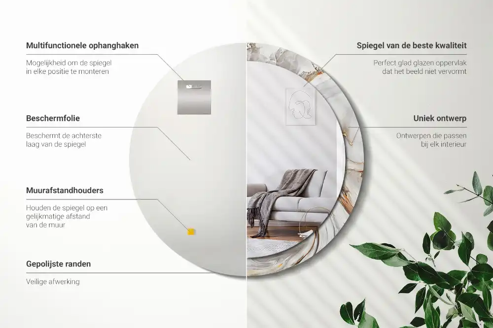 Round mirror frame with print Light marble