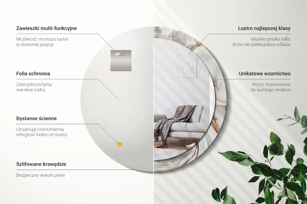 Round mirror frame with print Light marble