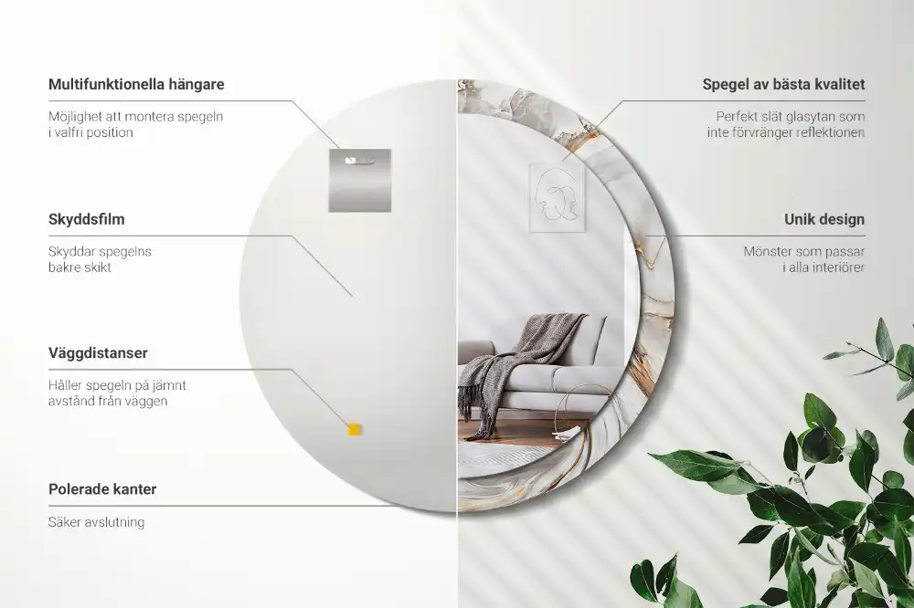 Round mirror frame with print Light marble
