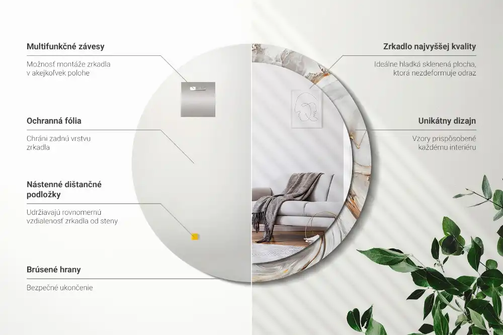 Round mirror frame with print Light marble