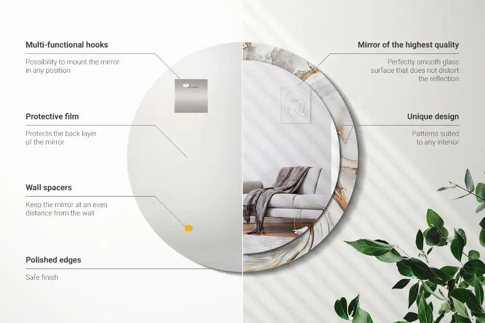 Round mirror frame with print Light marble