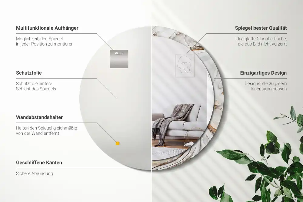 Round mirror frame with print Light marble