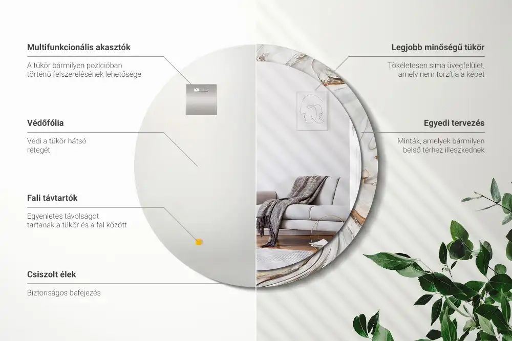 Round mirror frame with print Light marble