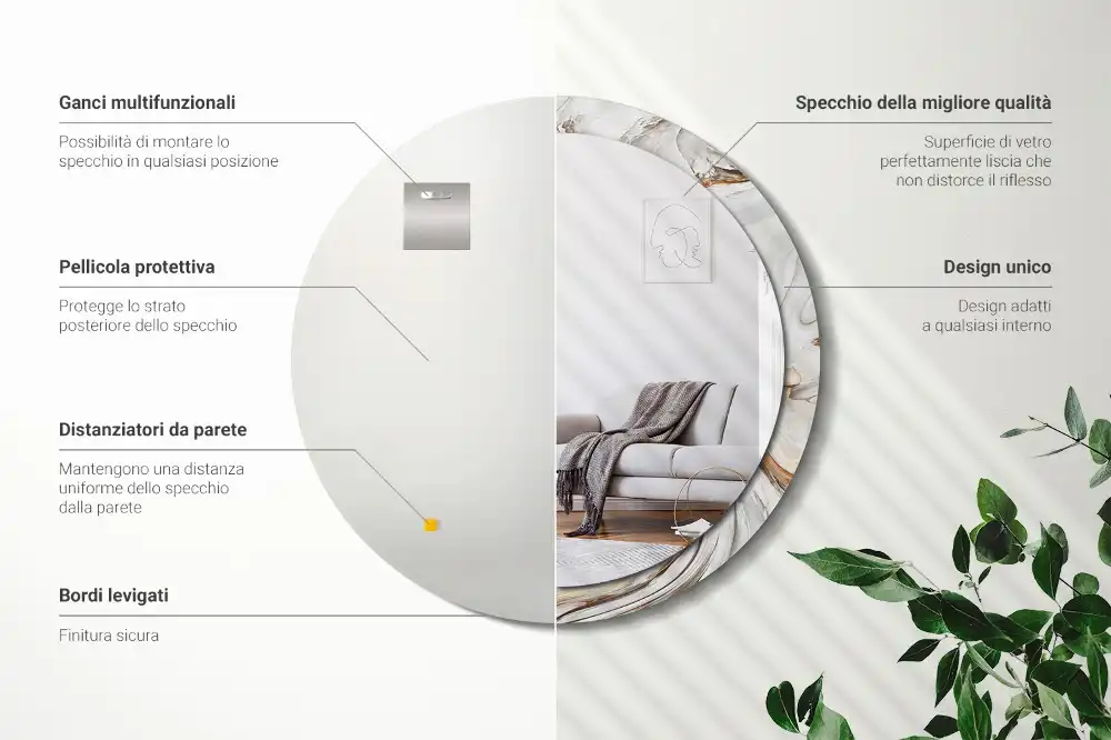 Round mirror frame with print Light marble