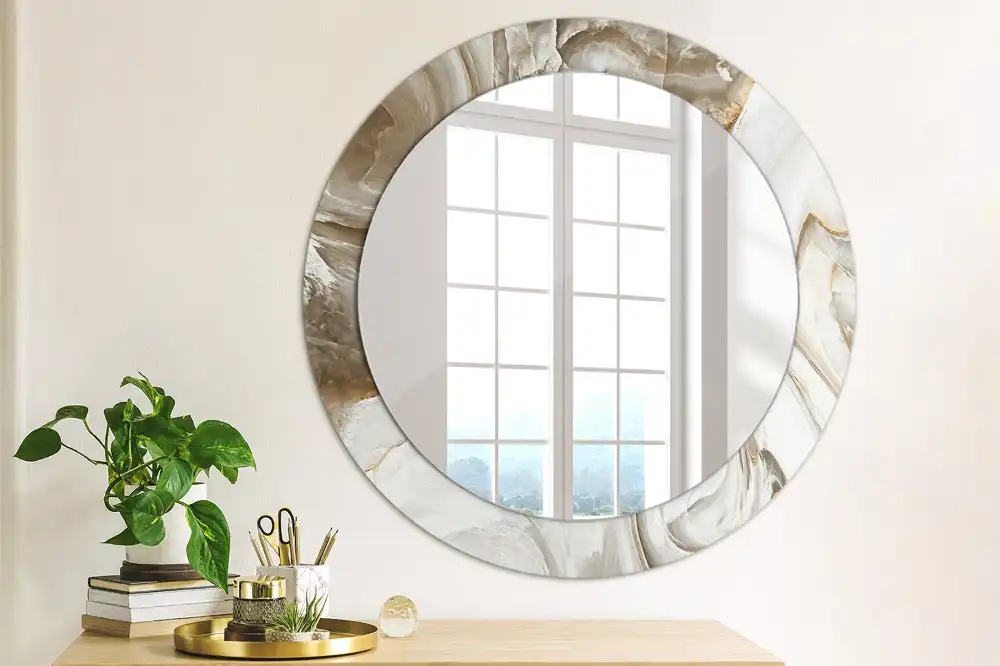 Round mirror frame with print Light marble