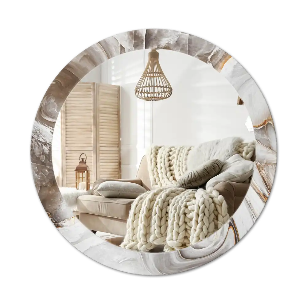 Round mirror frame with print Light marble