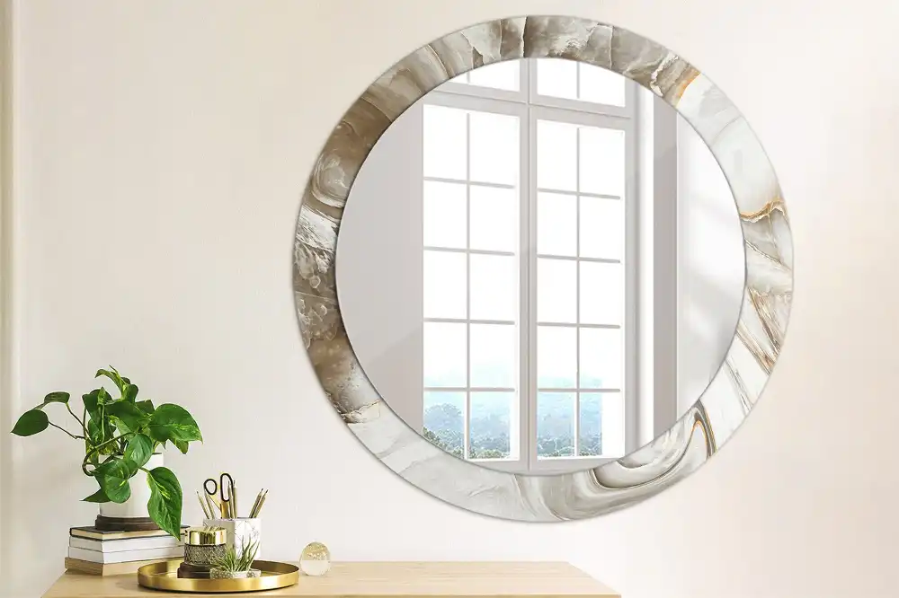 Round mirror frame with print Light marble