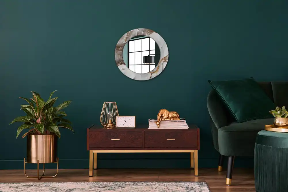 Round mirror frame with print Light marble