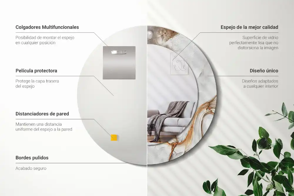 Round mirror frame with print Light marble