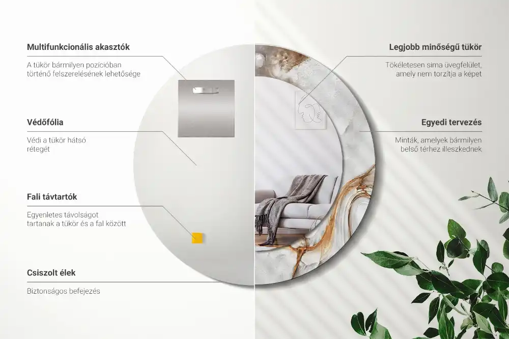 Round mirror frame with print Light marble