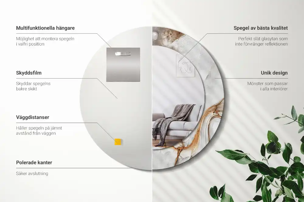Round mirror frame with print Light marble