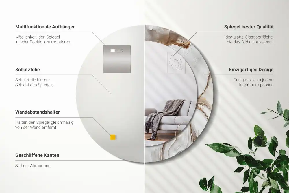 Round mirror frame with print Light marble