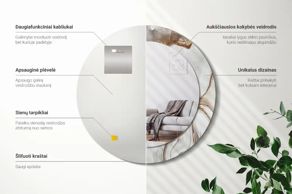 Round mirror frame with print Light marble