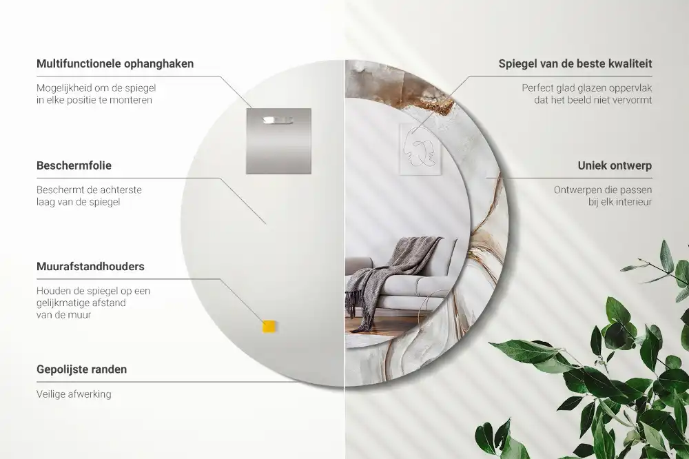 Round mirror frame with print Light marble