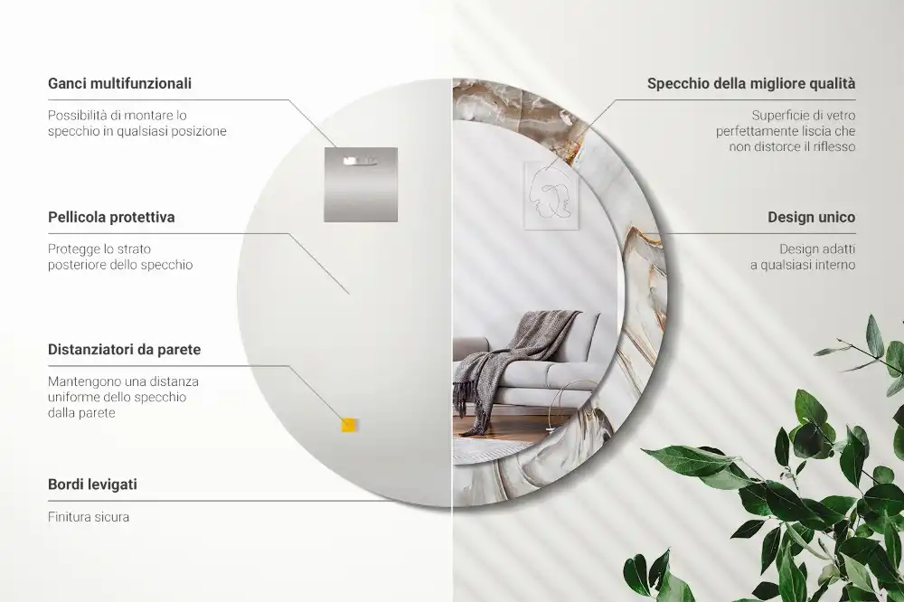 Round mirror frame with print Light marble