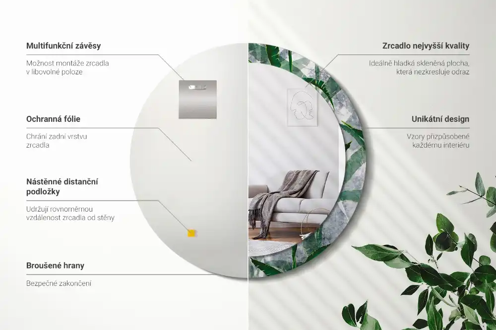 Round mirror frame with print Tropical leaves