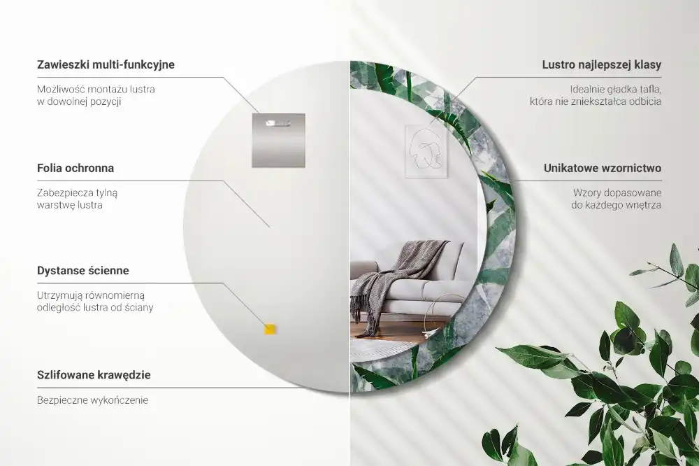 Round mirror frame with print Tropical leaves