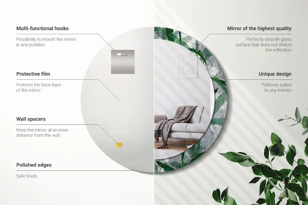 Round mirror frame with print Tropical leaves