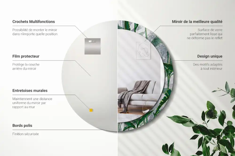 Round mirror frame with print Tropical leaves