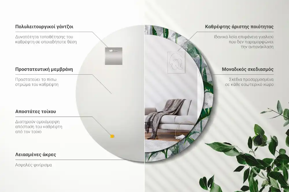 Round mirror frame with print Tropical leaves