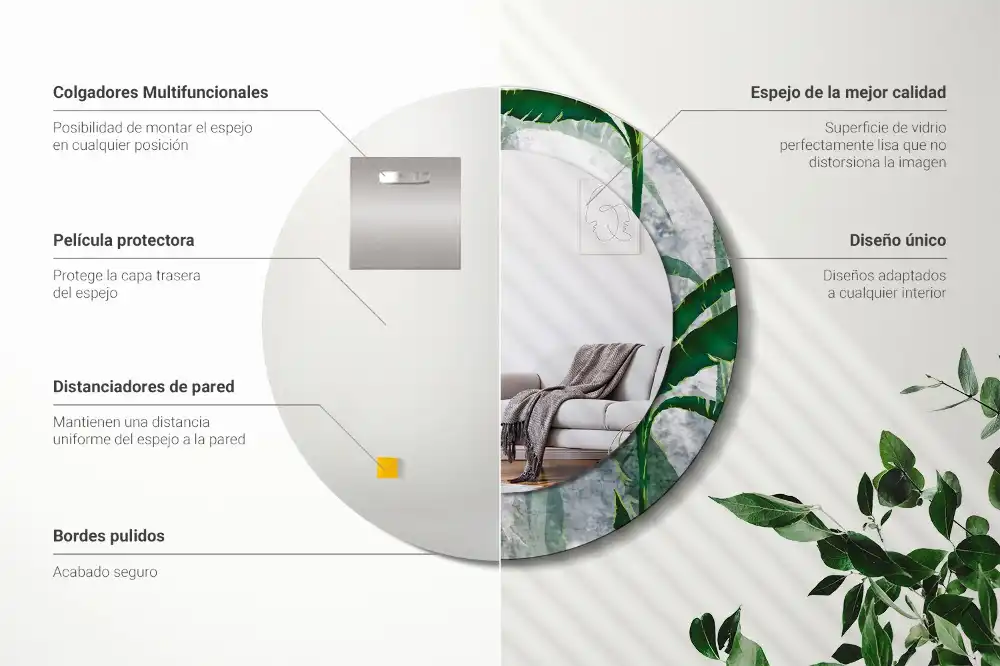 Round mirror frame with print Tropical leaves