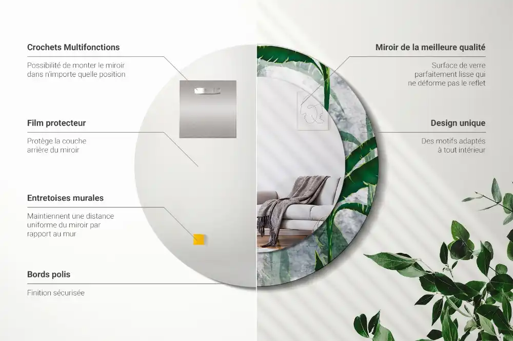 Round mirror frame with print Tropical leaves