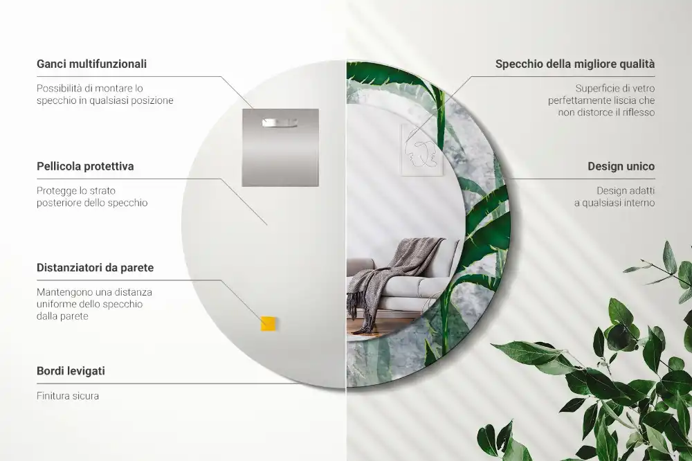 Round mirror frame with print Tropical leaves