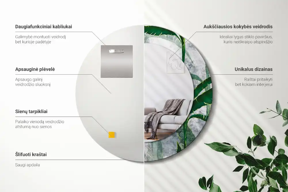 Round mirror frame with print Tropical leaves