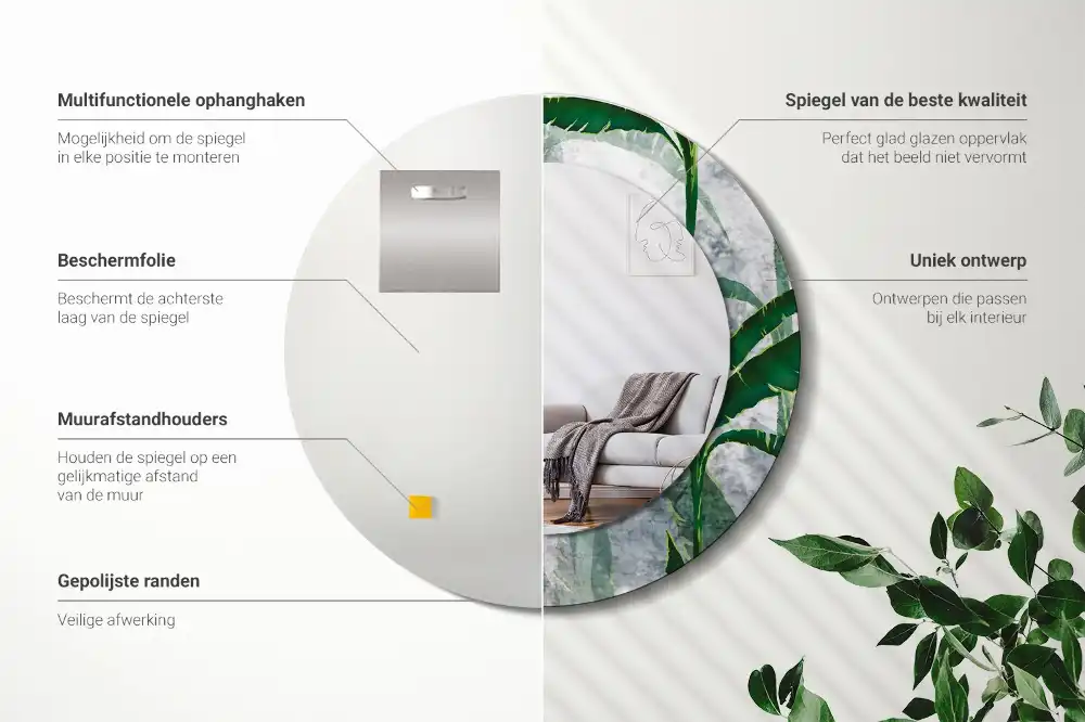 Round mirror frame with print Tropical leaves