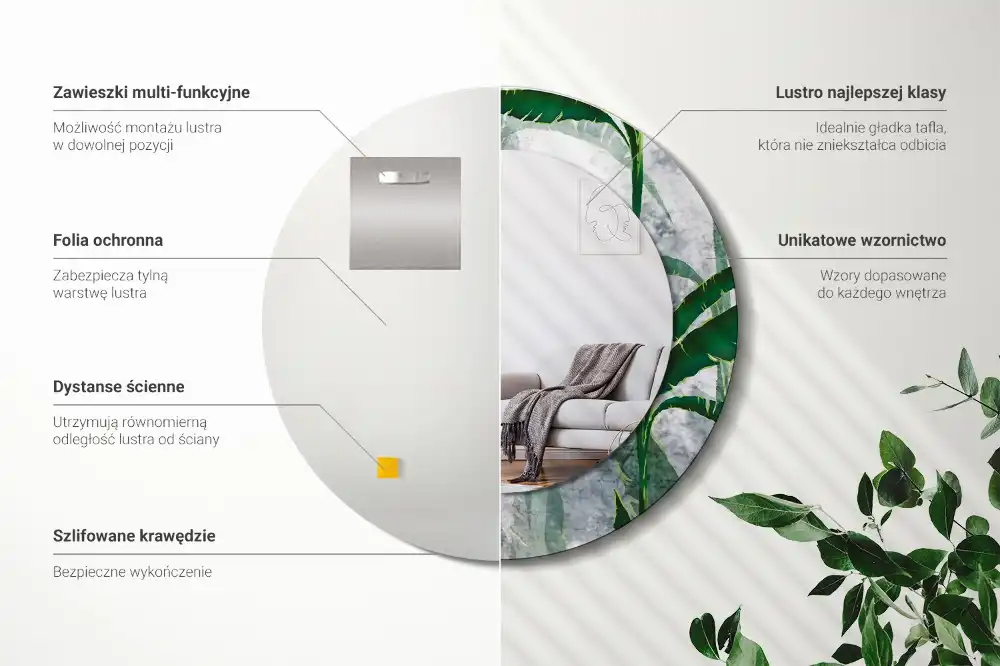 Round mirror frame with print Tropical leaves