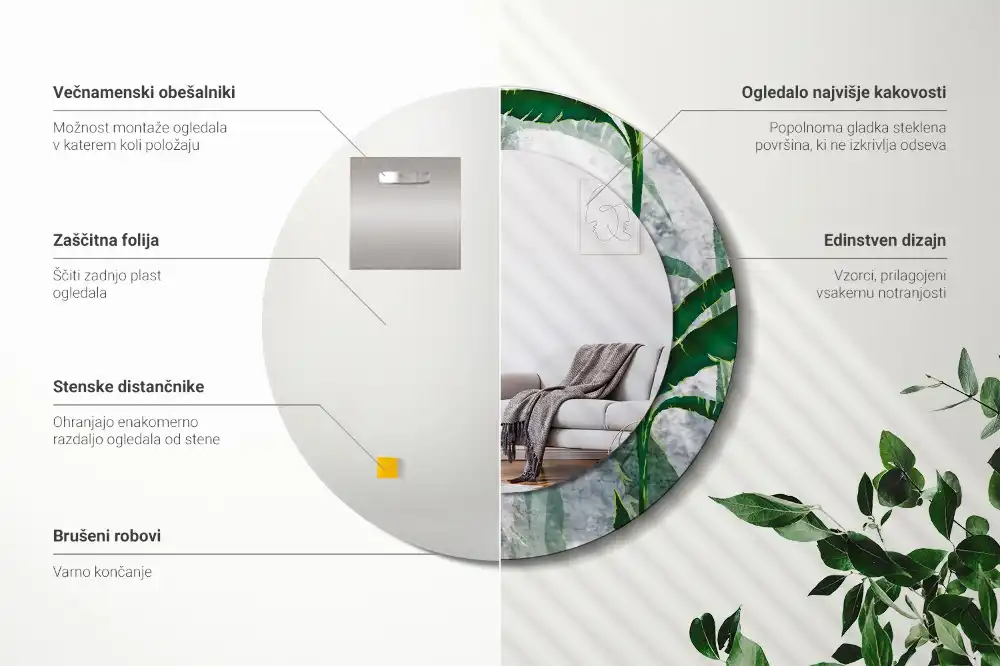 Round mirror frame with print Tropical leaves