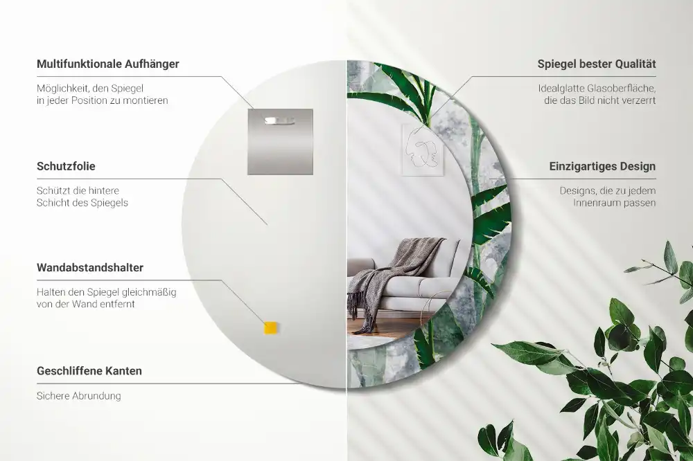 Round mirror frame with print Tropical leaves