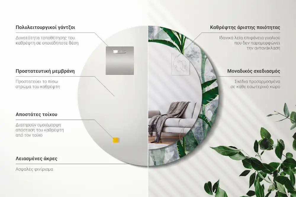 Round mirror frame with print Tropical leaves