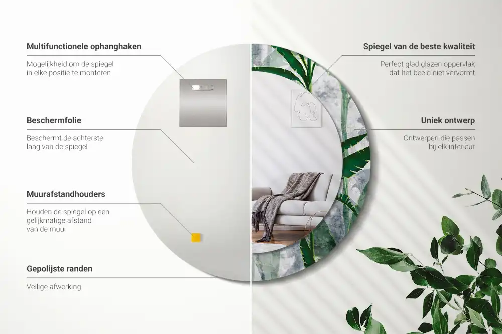 Round mirror frame with print Tropical leaves