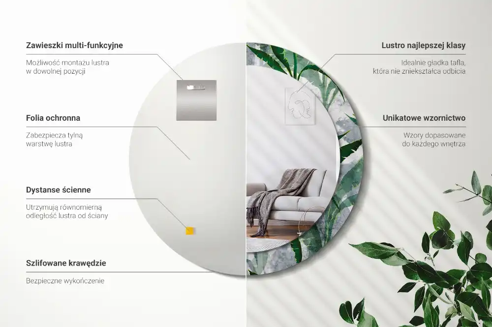 Round mirror frame with print Tropical leaves