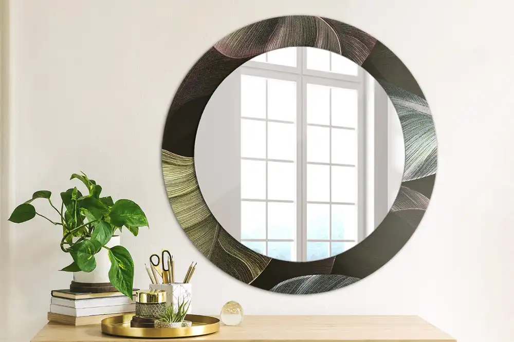 Round wall mirror decor Dark tropical leaves