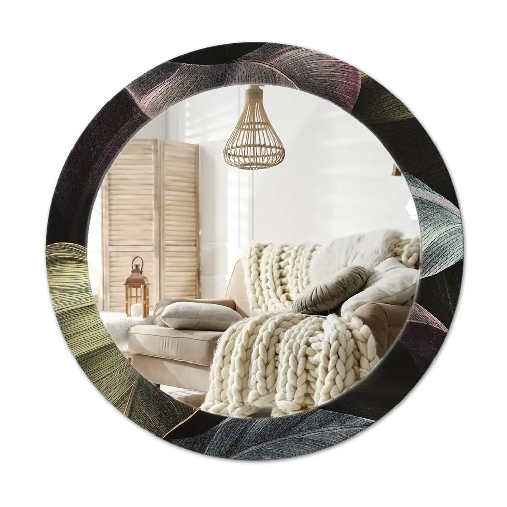 Round wall mirror decor Dark tropical leaves