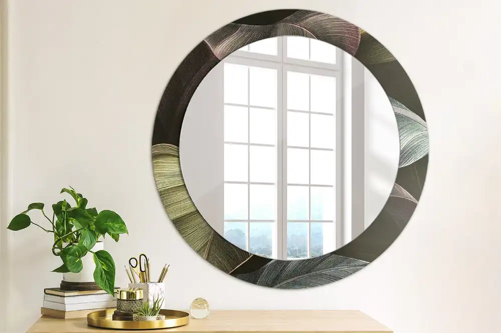 Round wall mirror decor Dark tropical leaves