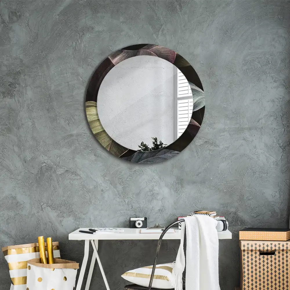 Round wall mirror decor Dark tropical leaves