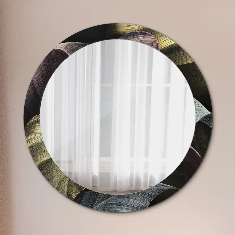 Round wall mirror decor Dark tropical leaves