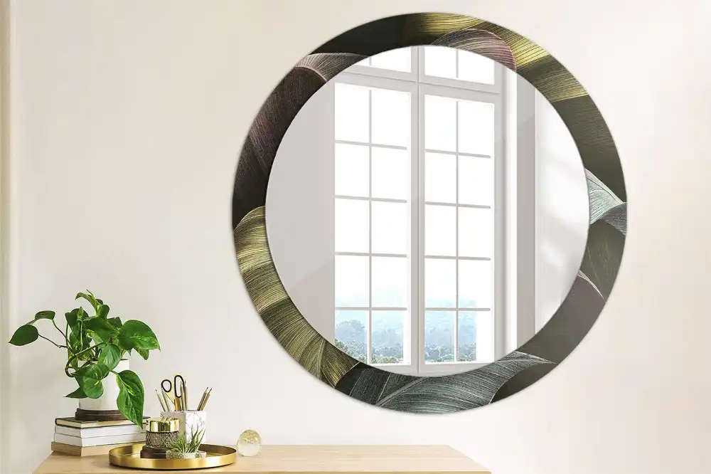 Round wall mirror decor Dark tropical leaves