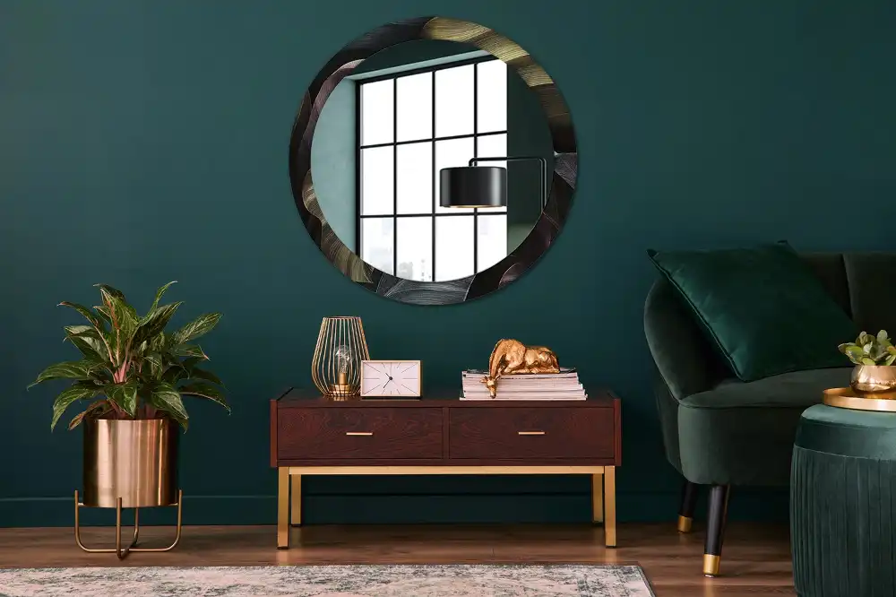 Round wall mirror decor Dark tropical leaves