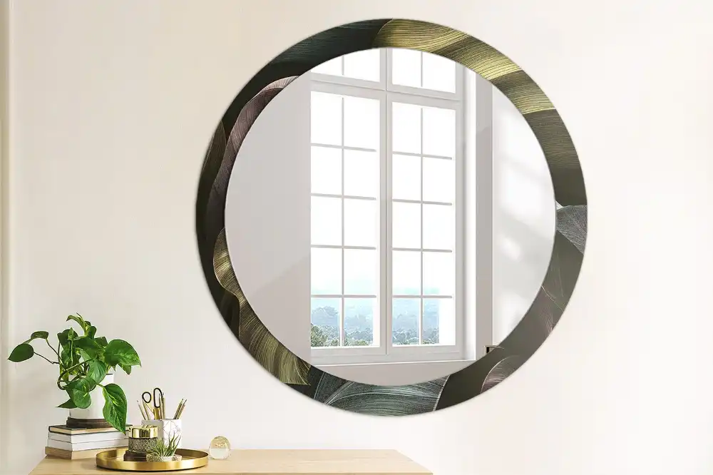 Round wall mirror decor Dark tropical leaves