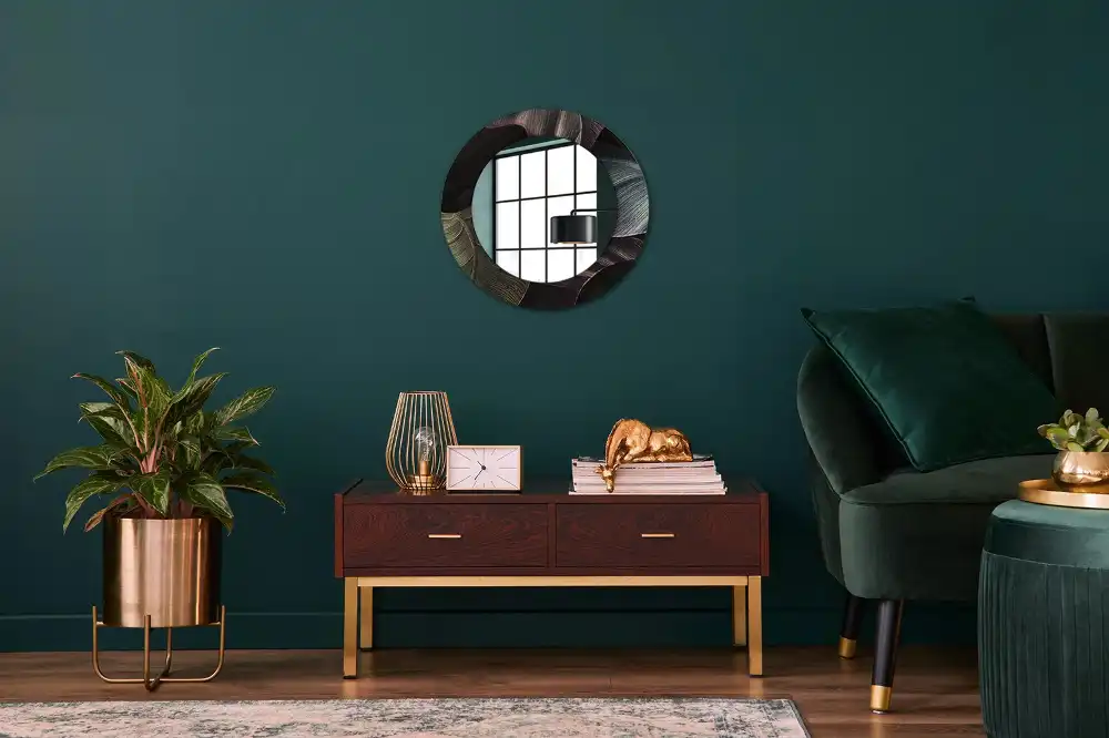 Round wall mirror decor Dark tropical leaves