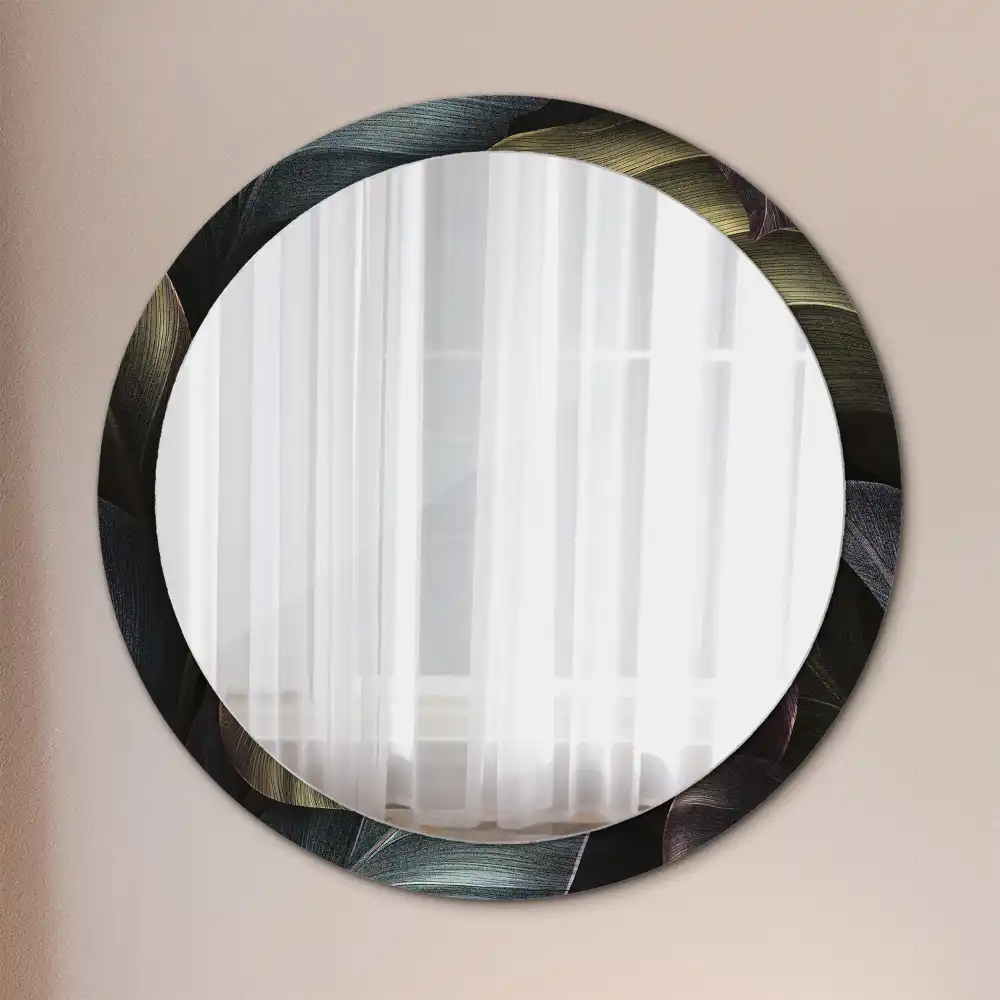 Round wall mirror decor Dark tropical leaves